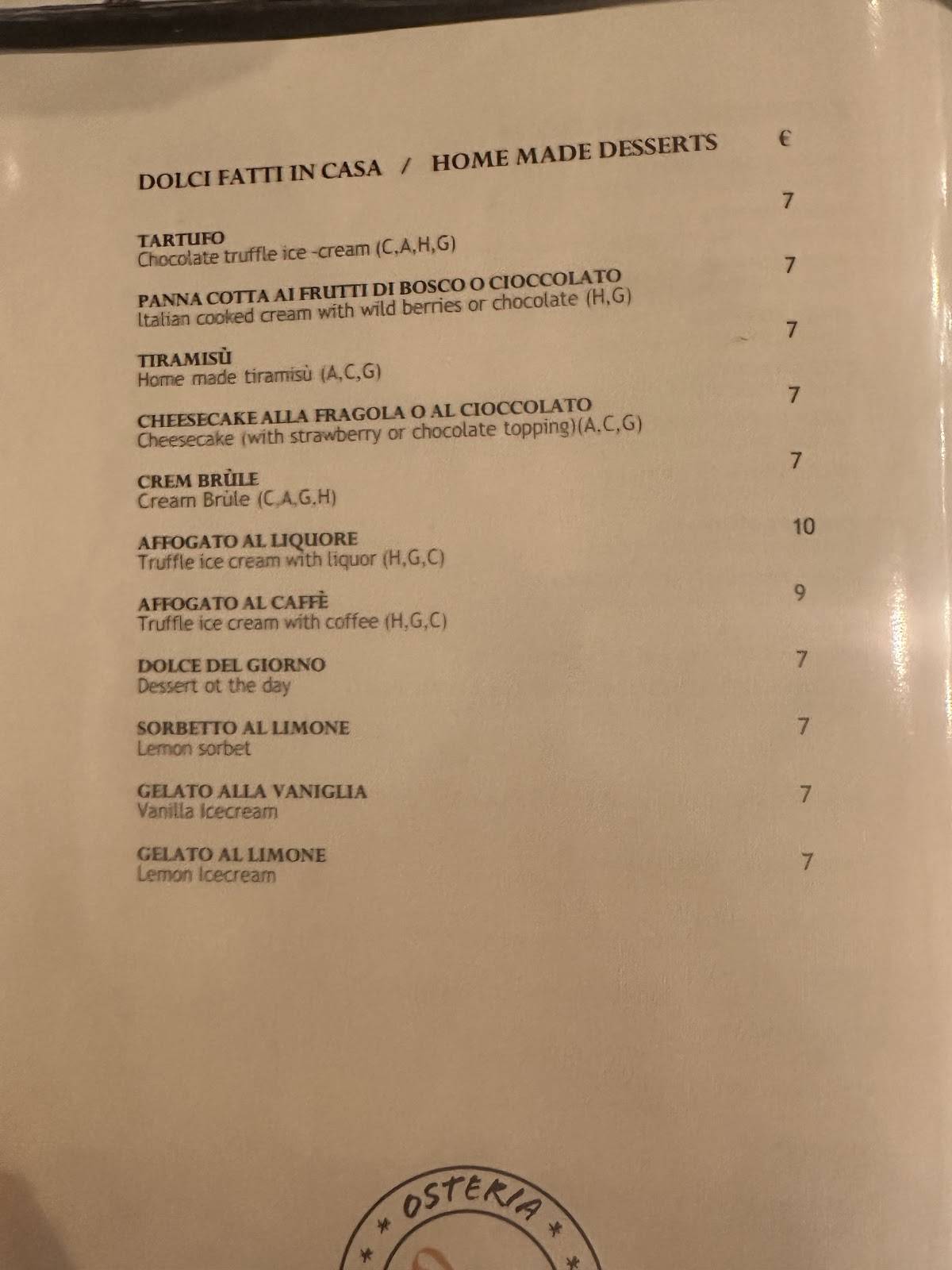 Menu di Antica Hostaria Romanesca 