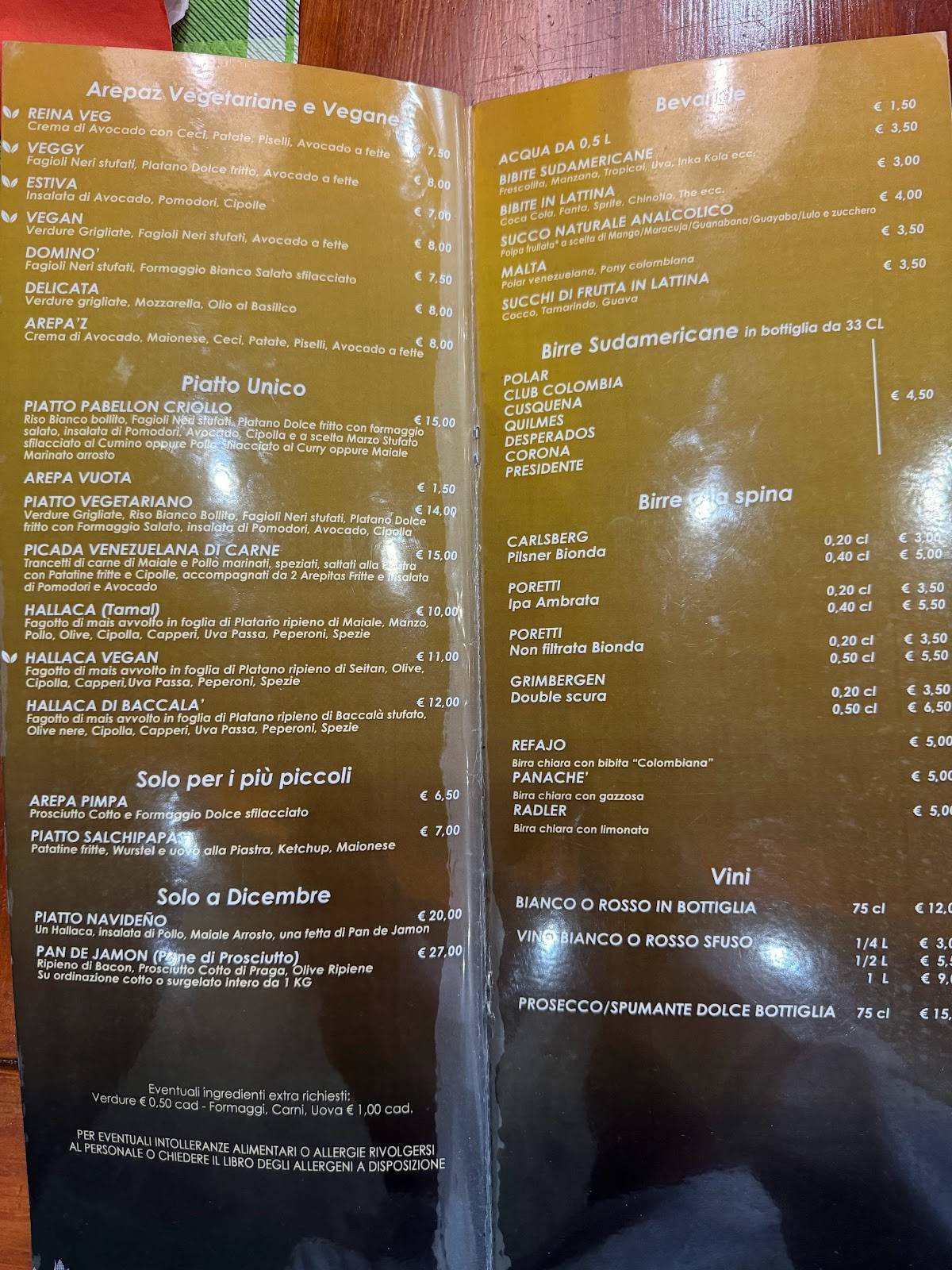 Menu di Arepa'z ristorante venezuelano 