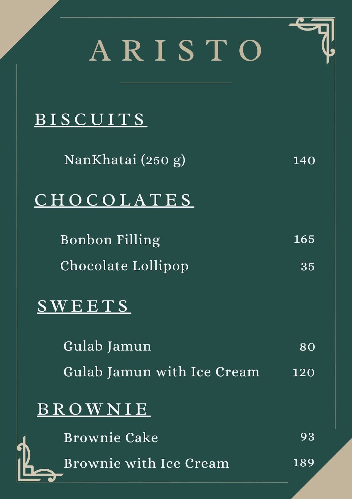 Aristo Hotel menu