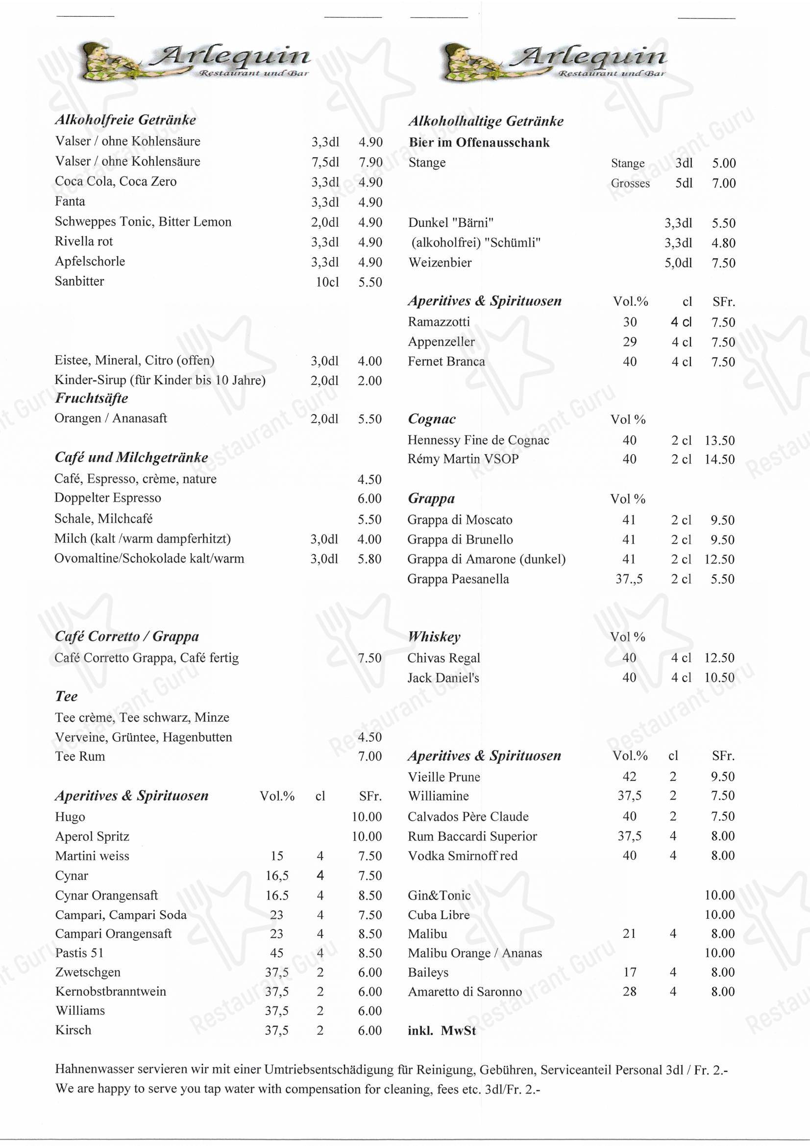 Arlequin in Berna - Menu