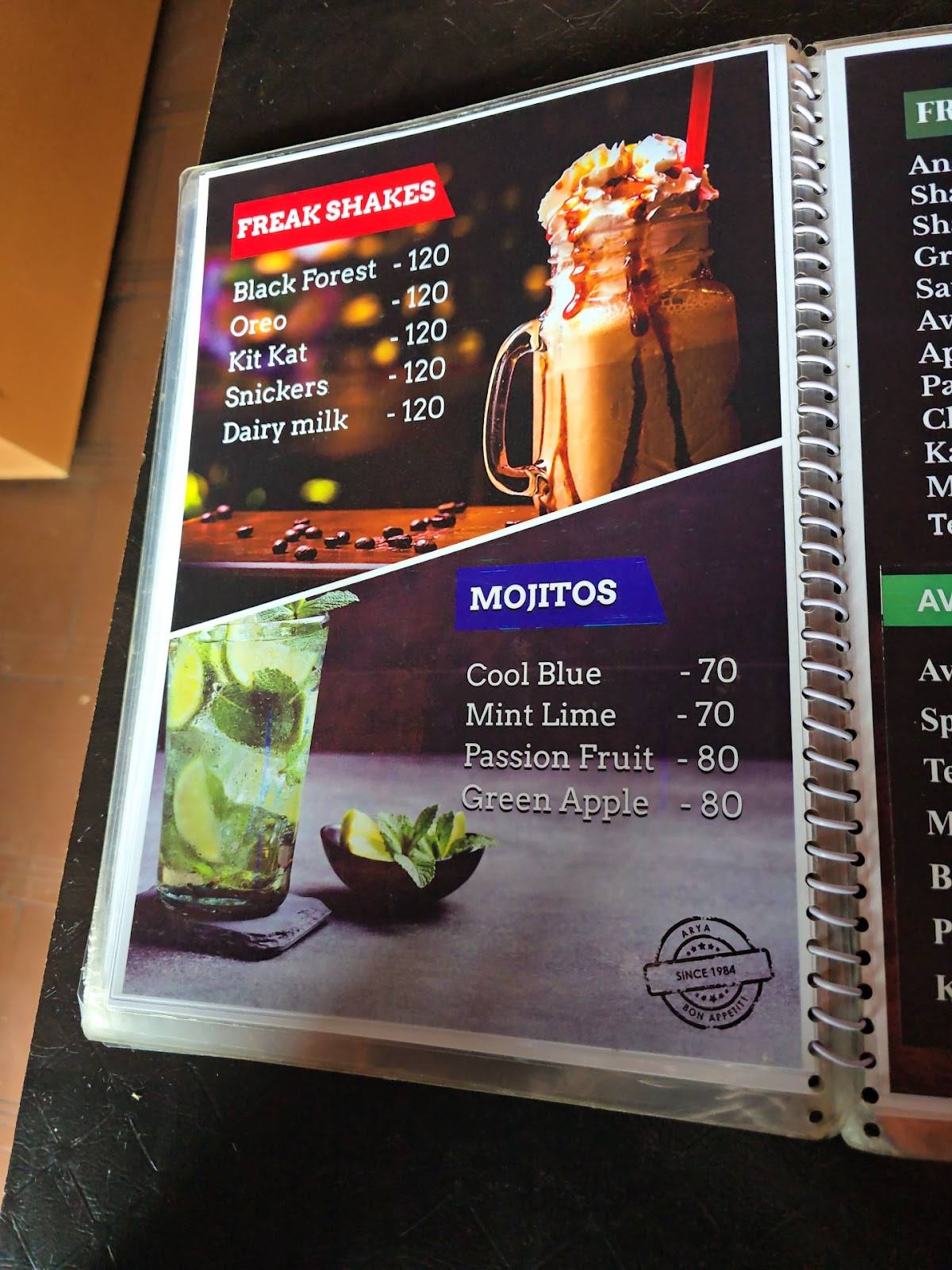 Arya Cake World menu