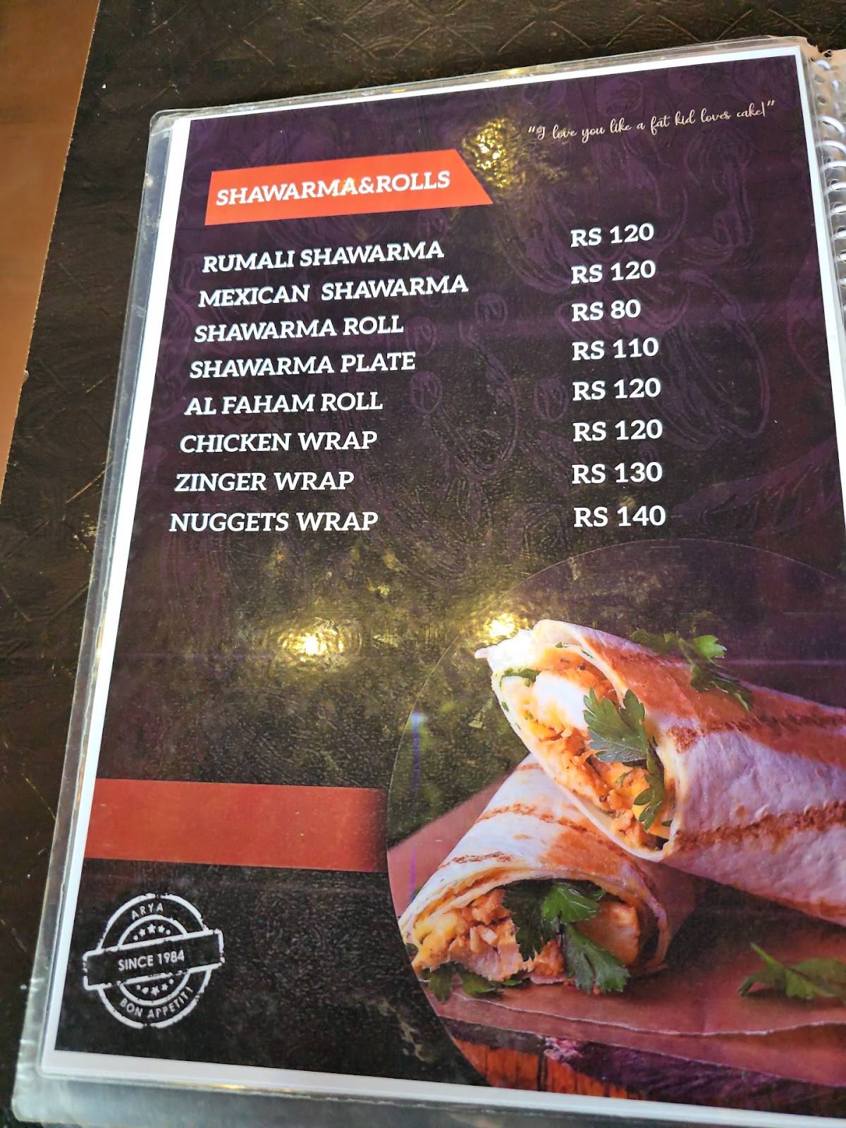 Arya Cake World menu