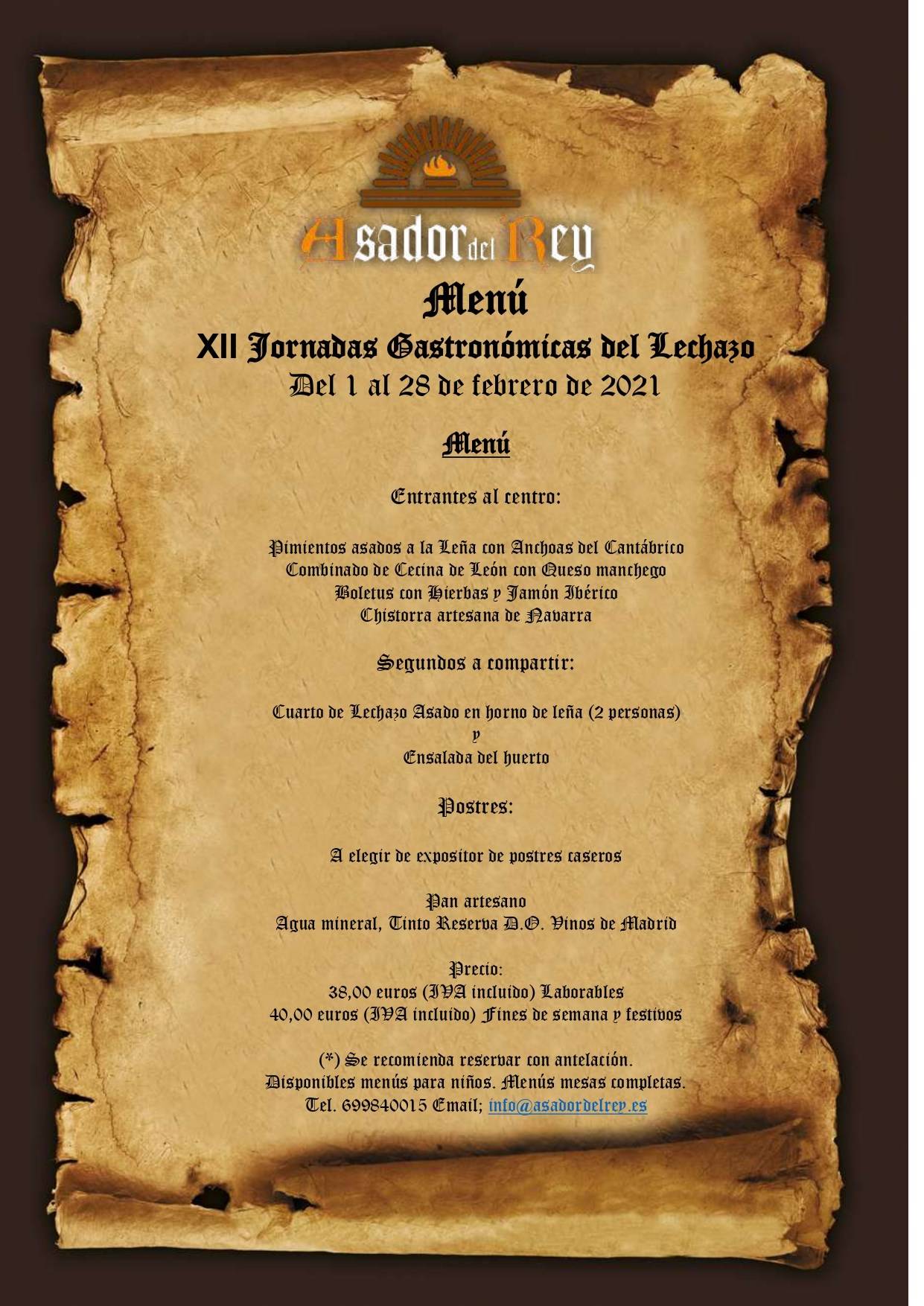 Carta Del Restaurante Asador Del Rey San Lorenzo Del El Escorial San Lorenzo Del El Escorial