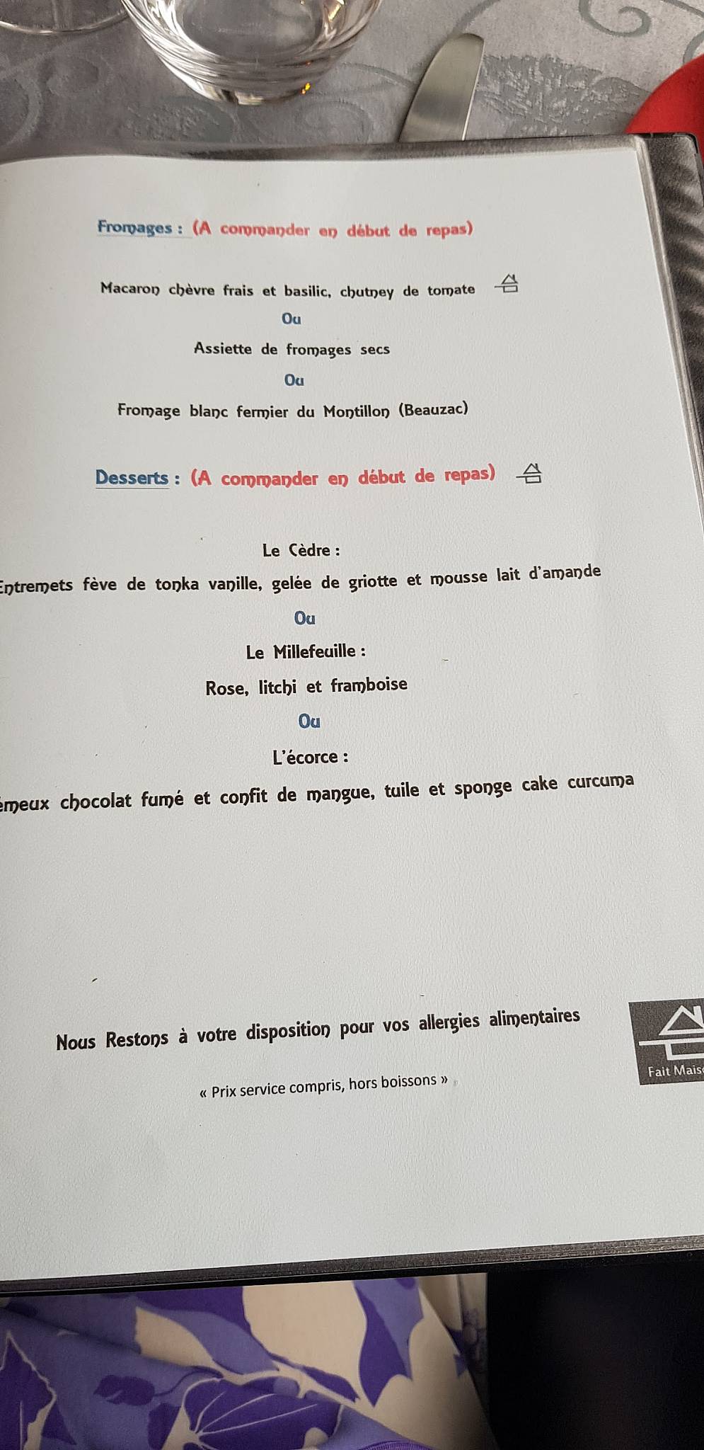Menu de Restaurant Les Cèdres Bleus