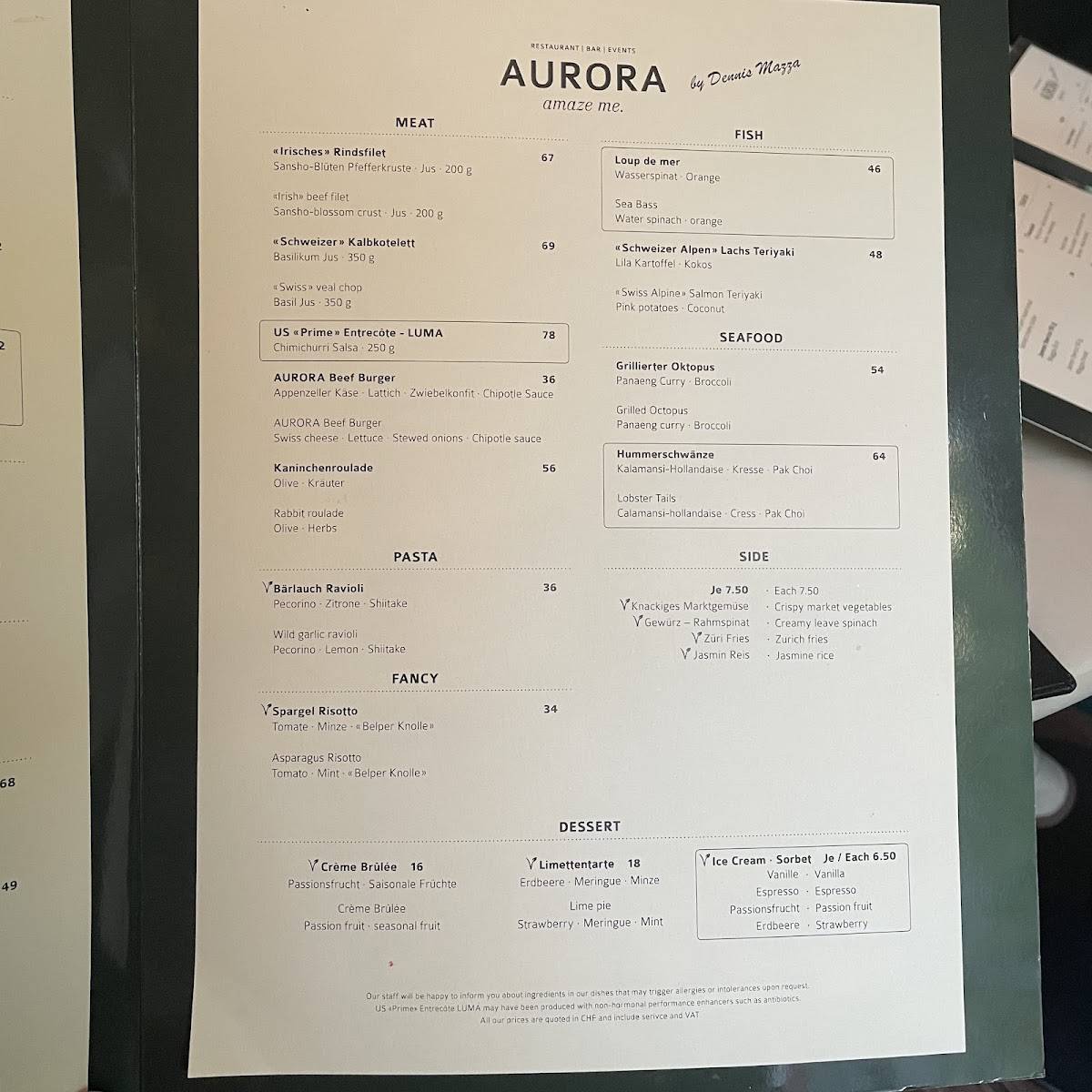 Menu di Aurora 