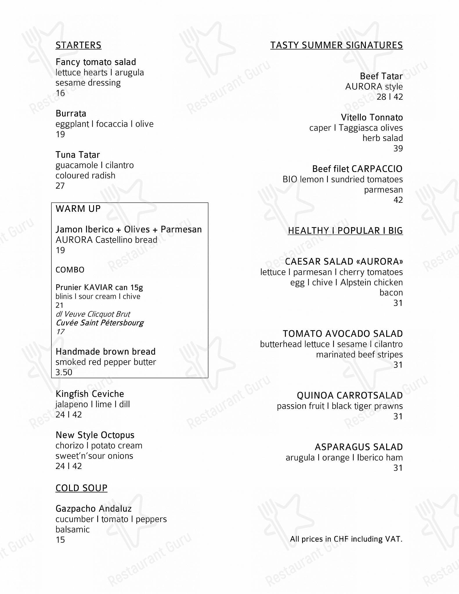 Bar menu per Aurora ristorante