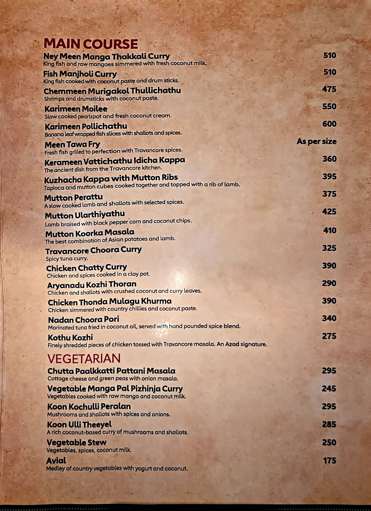 Azad Star at Vazhuthacaud menu