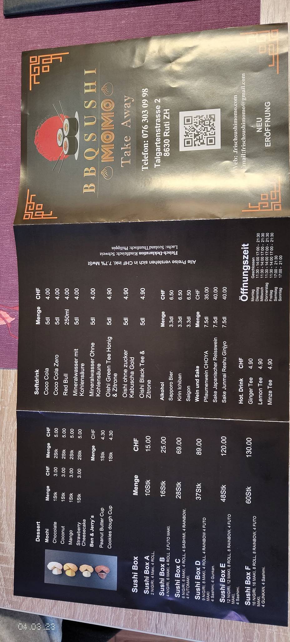 Menu de BBQ Sushi Momo - Rüti ZH