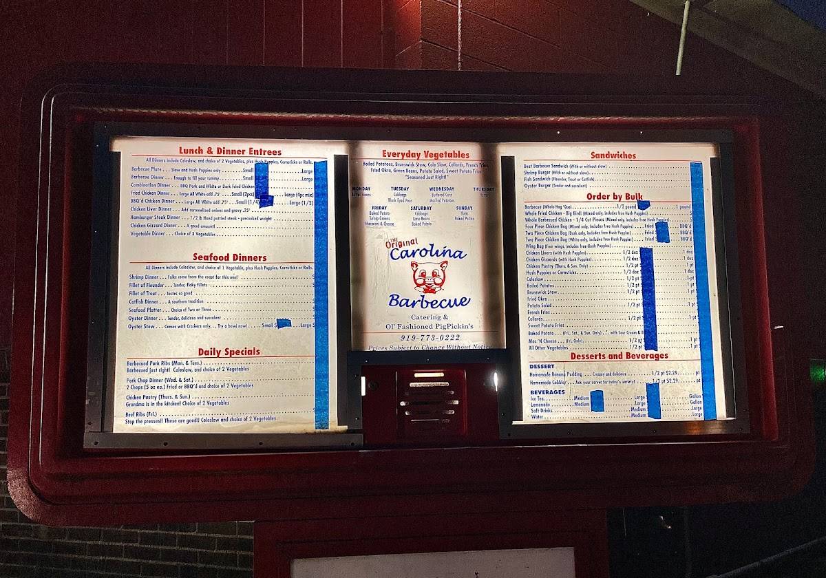 Menu at The Original Carolina Barbecue, Garner