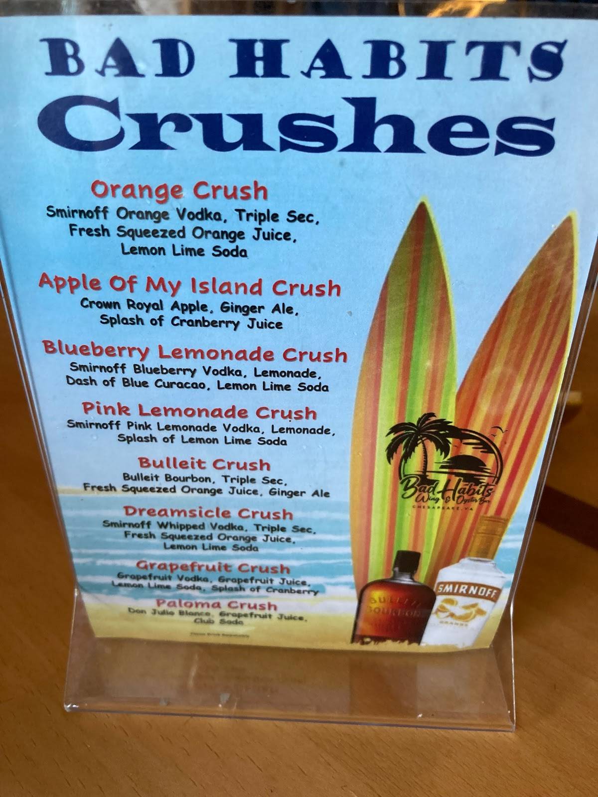 Menu at Bad Habits pub & bar, Chesapeake