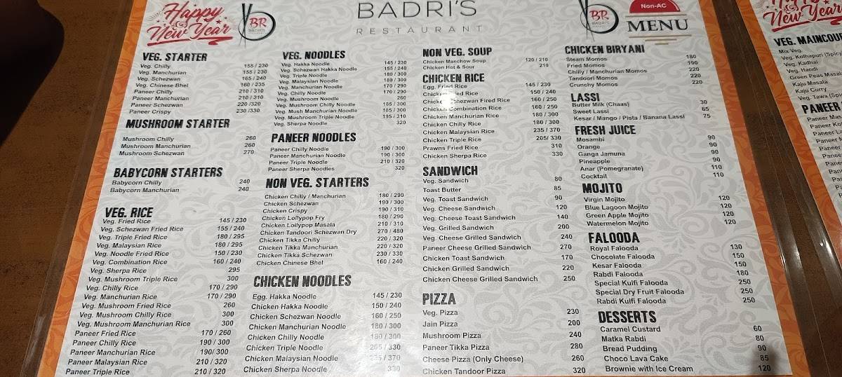 Badri’s Restaurant menu
