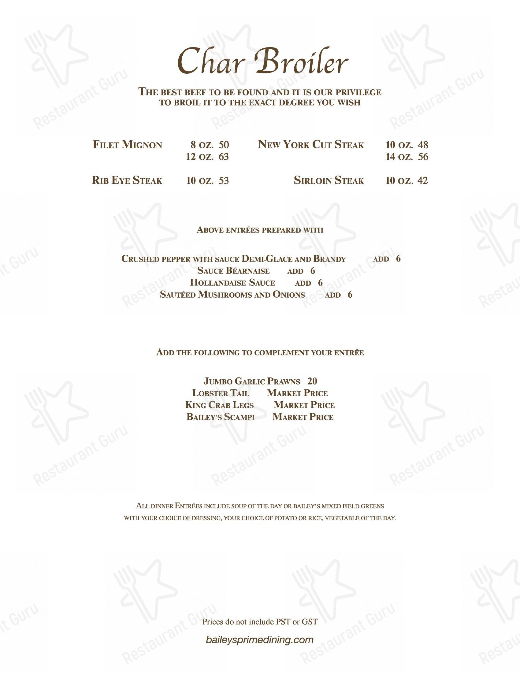 Menu at Bailey's Restaurant, Winnipeg, 185 Lombard Ave