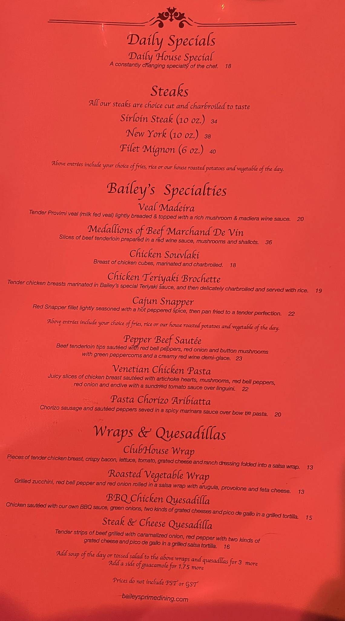 Menu at Bailey's Restaurant, Winnipeg, 185 Lombard Ave