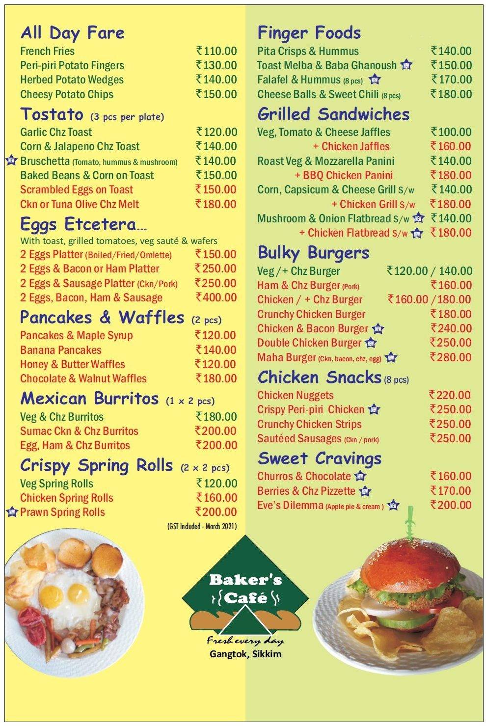 Menu at Baker's Cafe, Gangtok, Mahatma Gandhi Marg