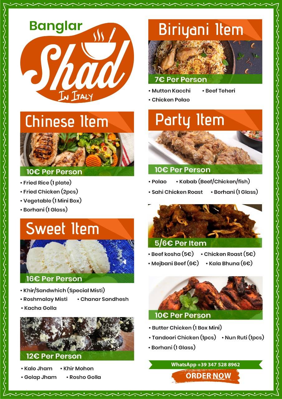 Menu di Banglar shad In Italy 
