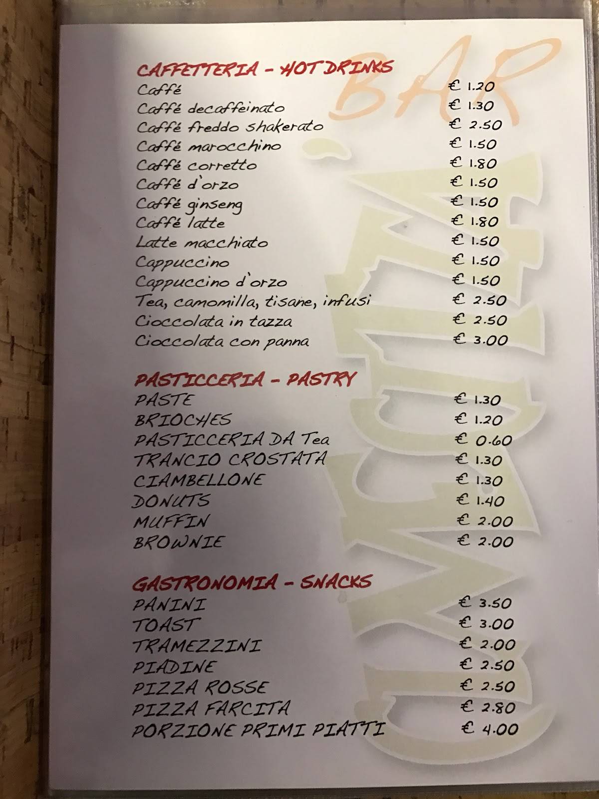 Menu di Bar Cinecittà 