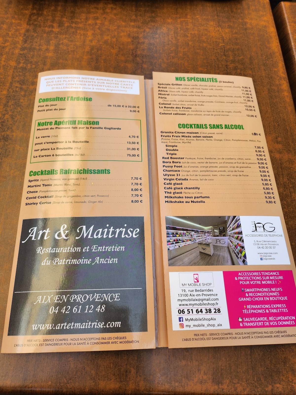 Menu de Bar Le Grillon