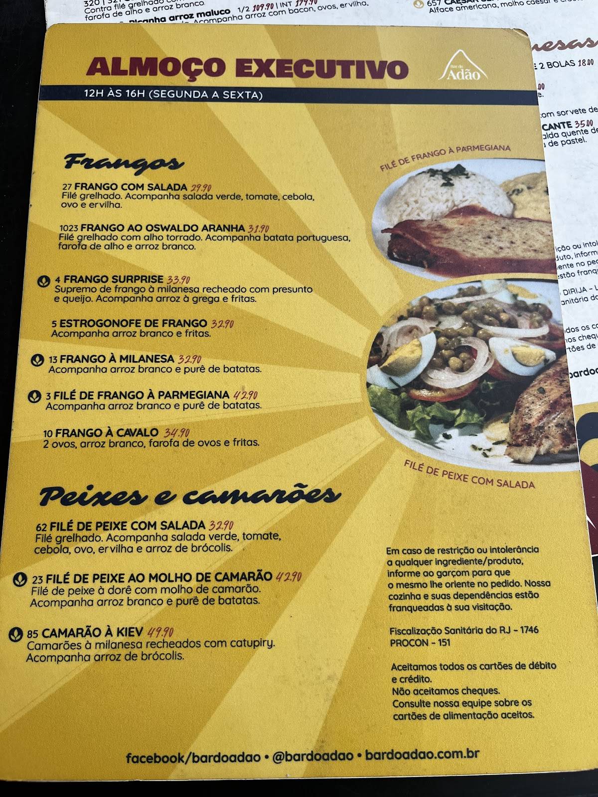 Bar do Adão cardápio