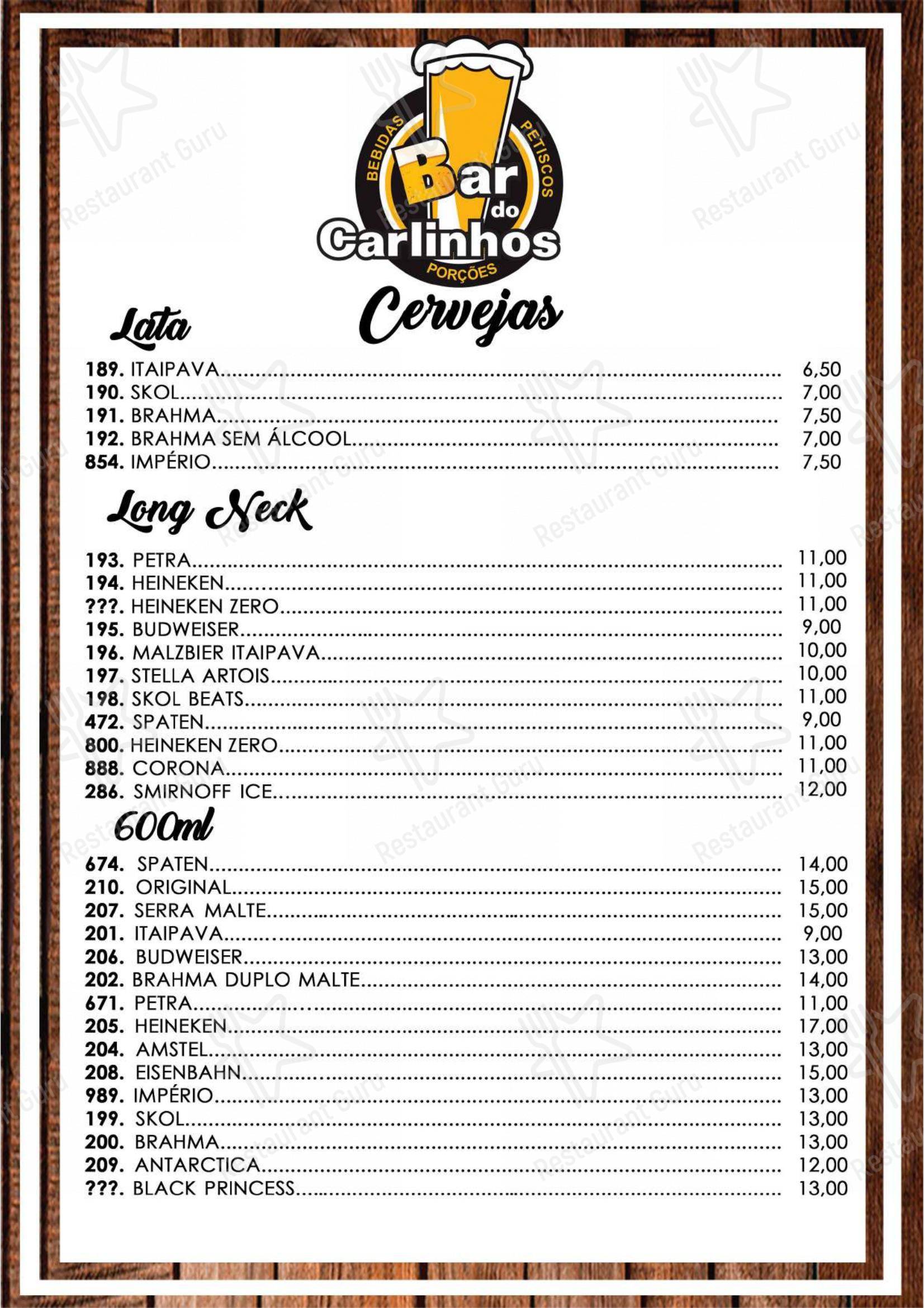 Menu bar para Bar do Carlinhos restaurante