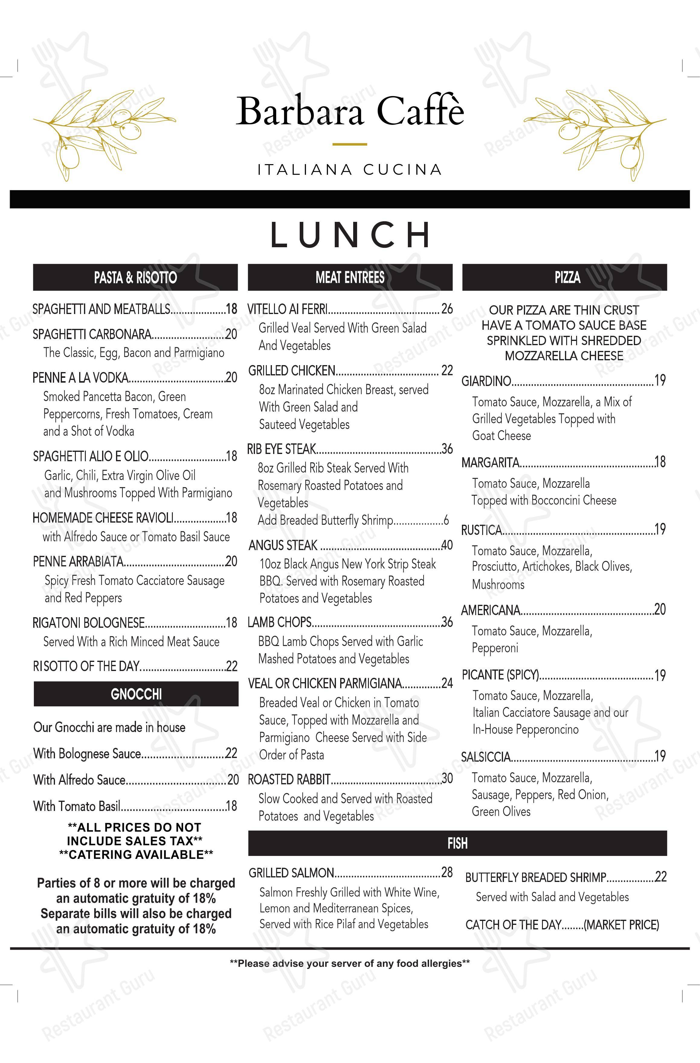 Menu pour Barbara Caffe restaurant
