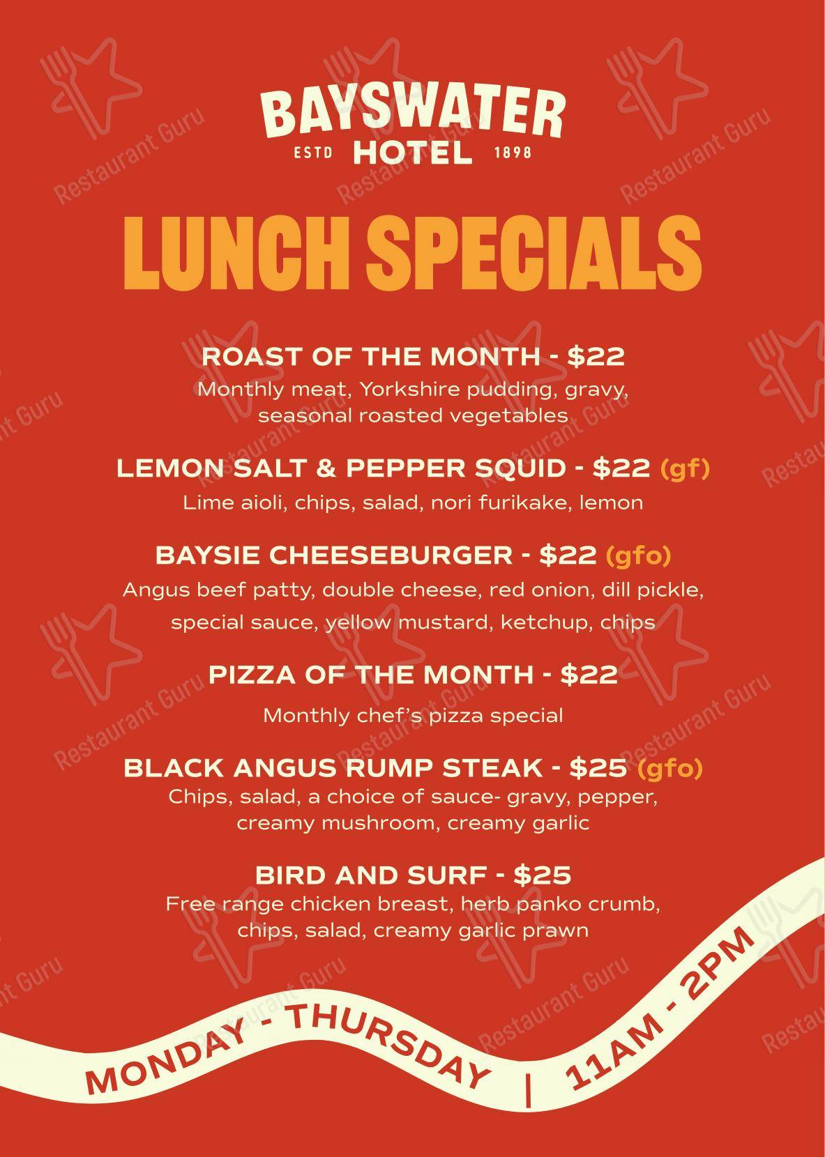 Menu at Bayswater Hotel & Motel pub & bar, Bayswater