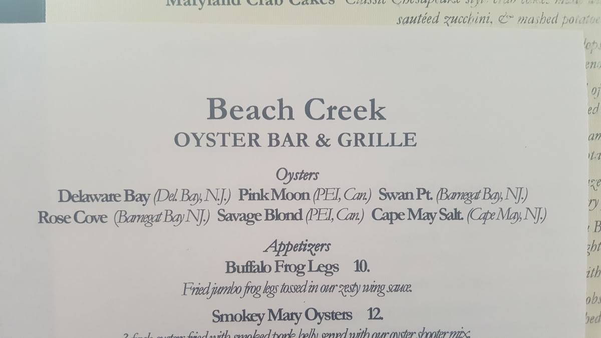 Menu at Beach Creek Oyster Bar & Grill, Wildwood