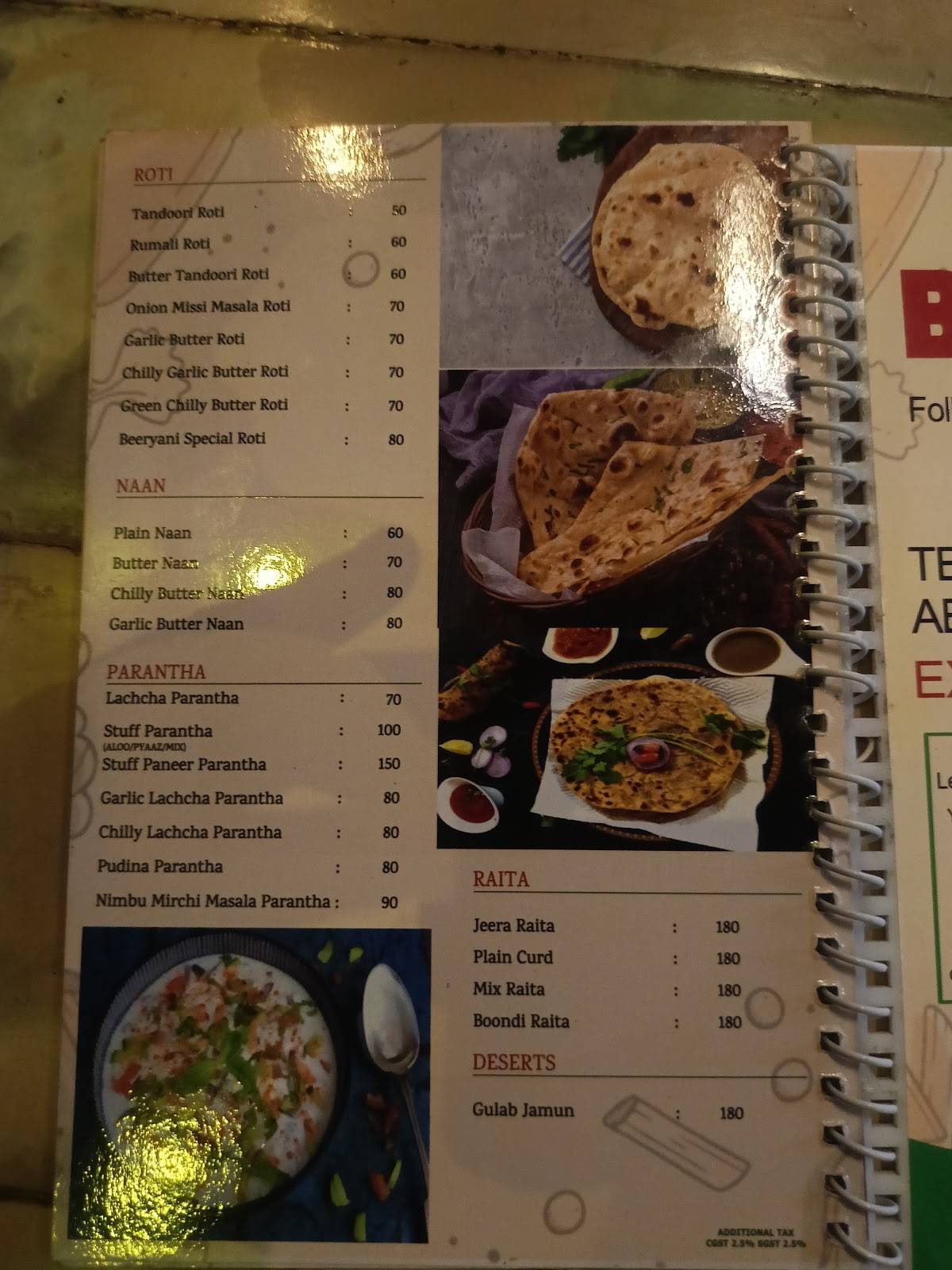 Beeryani menu