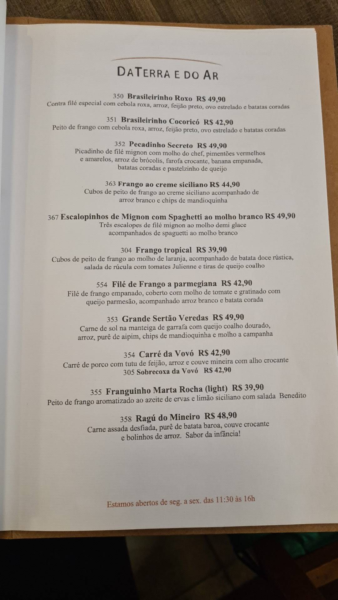 Benedito cozinha brasileira cardápio