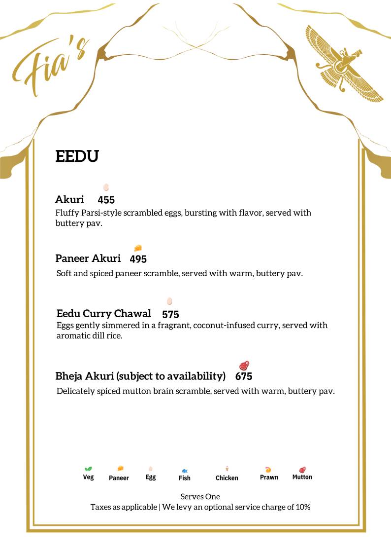 Fia’s Lounge - Authentic Parsi Cuisine - Bangalore menu