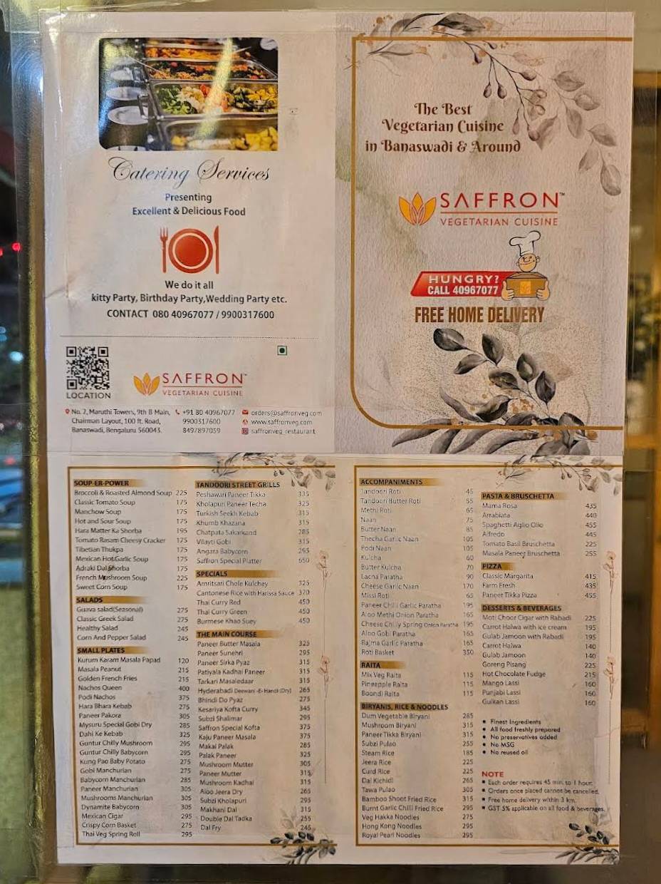 Saffron Restaurant menu