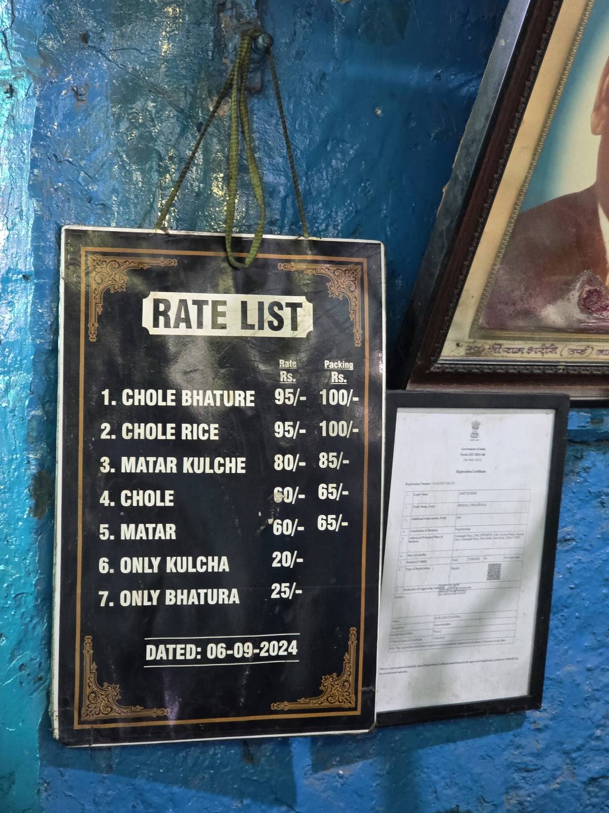 Bhogal's Chhole-Bhature menu