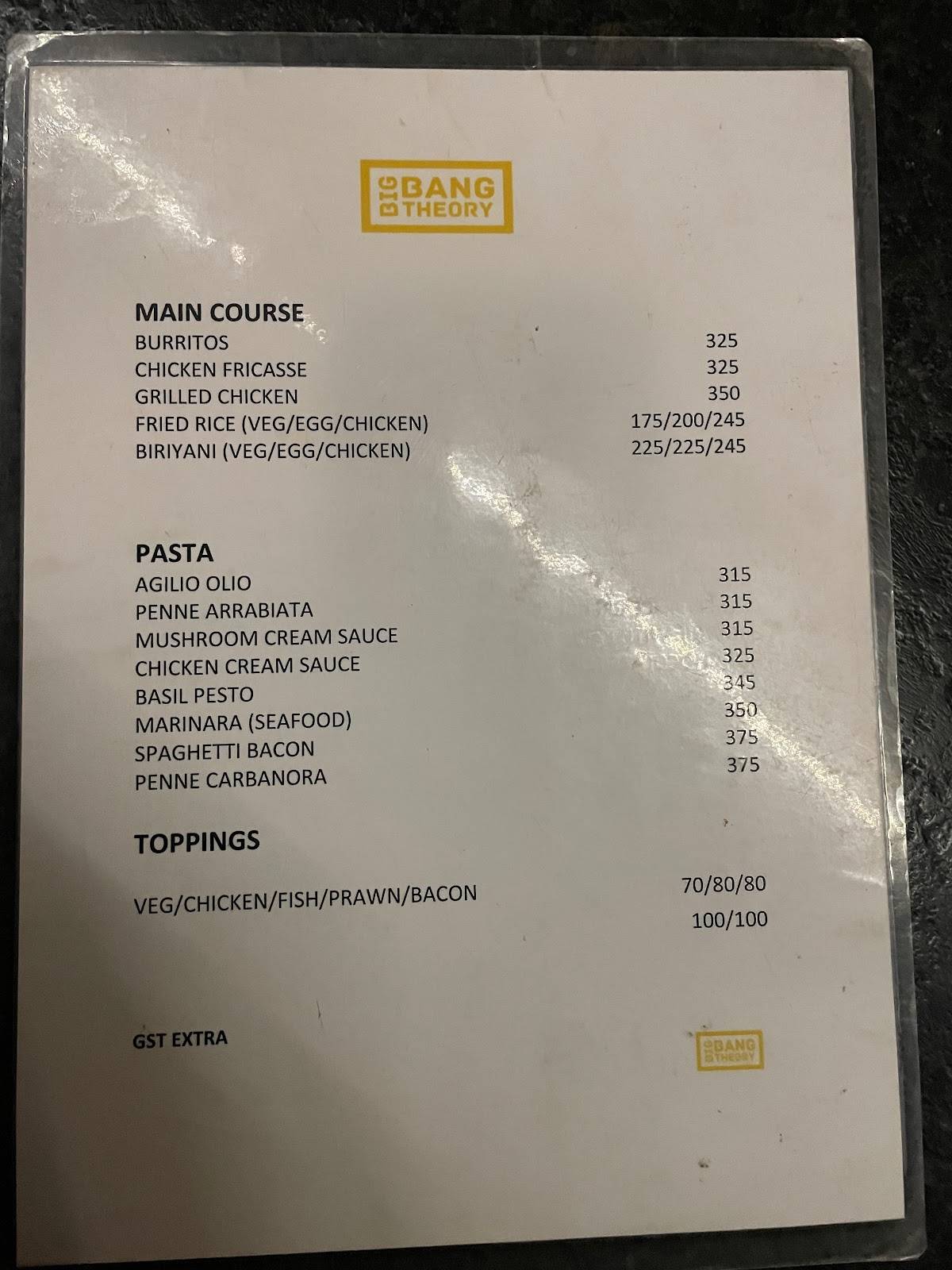 Big Bang Theory Bar and Kitchen menu