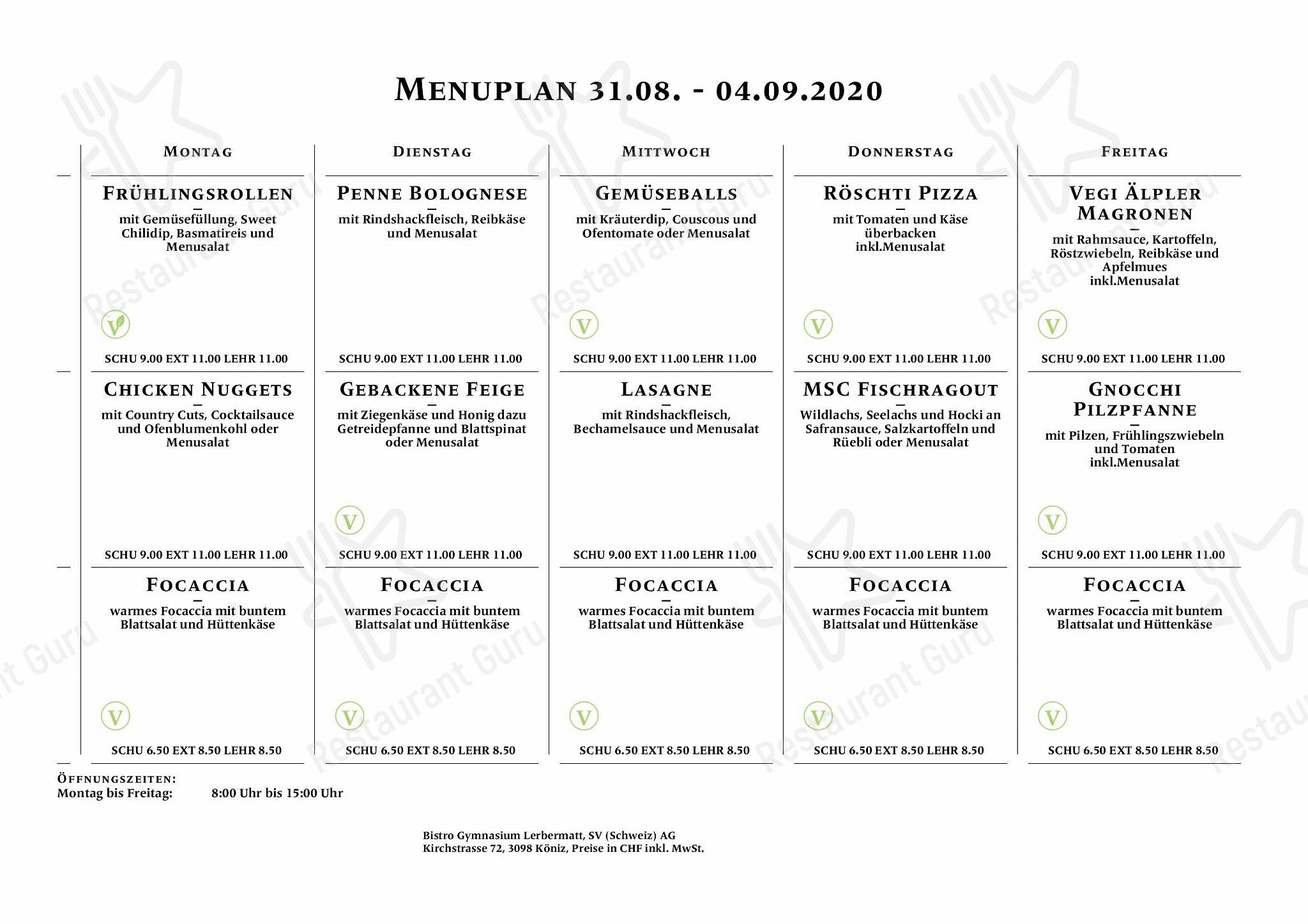 Menu di Bistro Gymnasium Lerbermatt - Table Menu