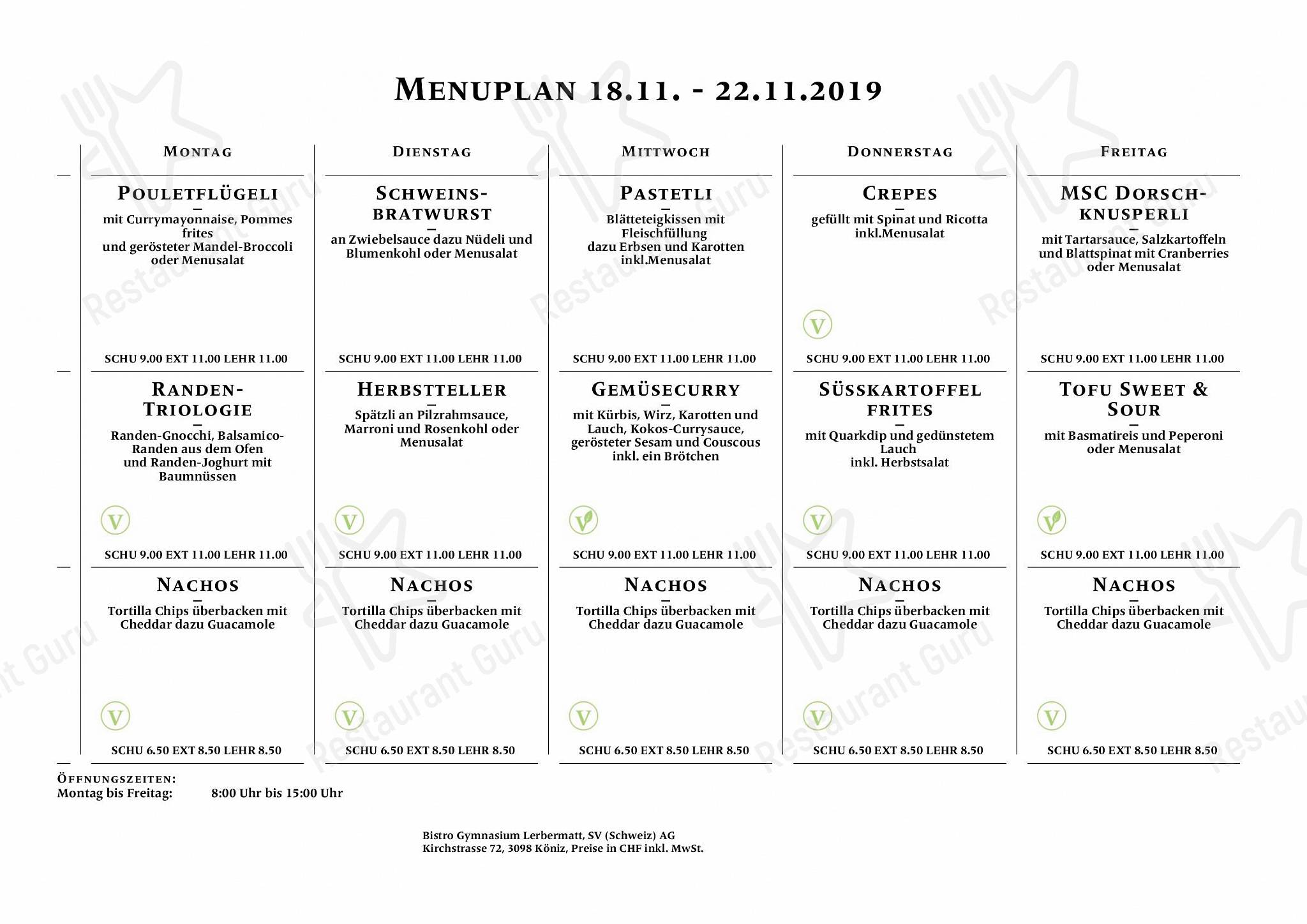 Menu di Bistro Gymnasium Lerbermatt - Table Menu