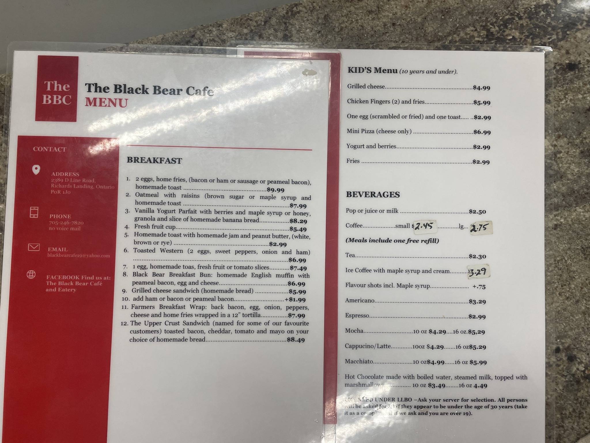 Menu at Black Bear Cafe, Richards Landing