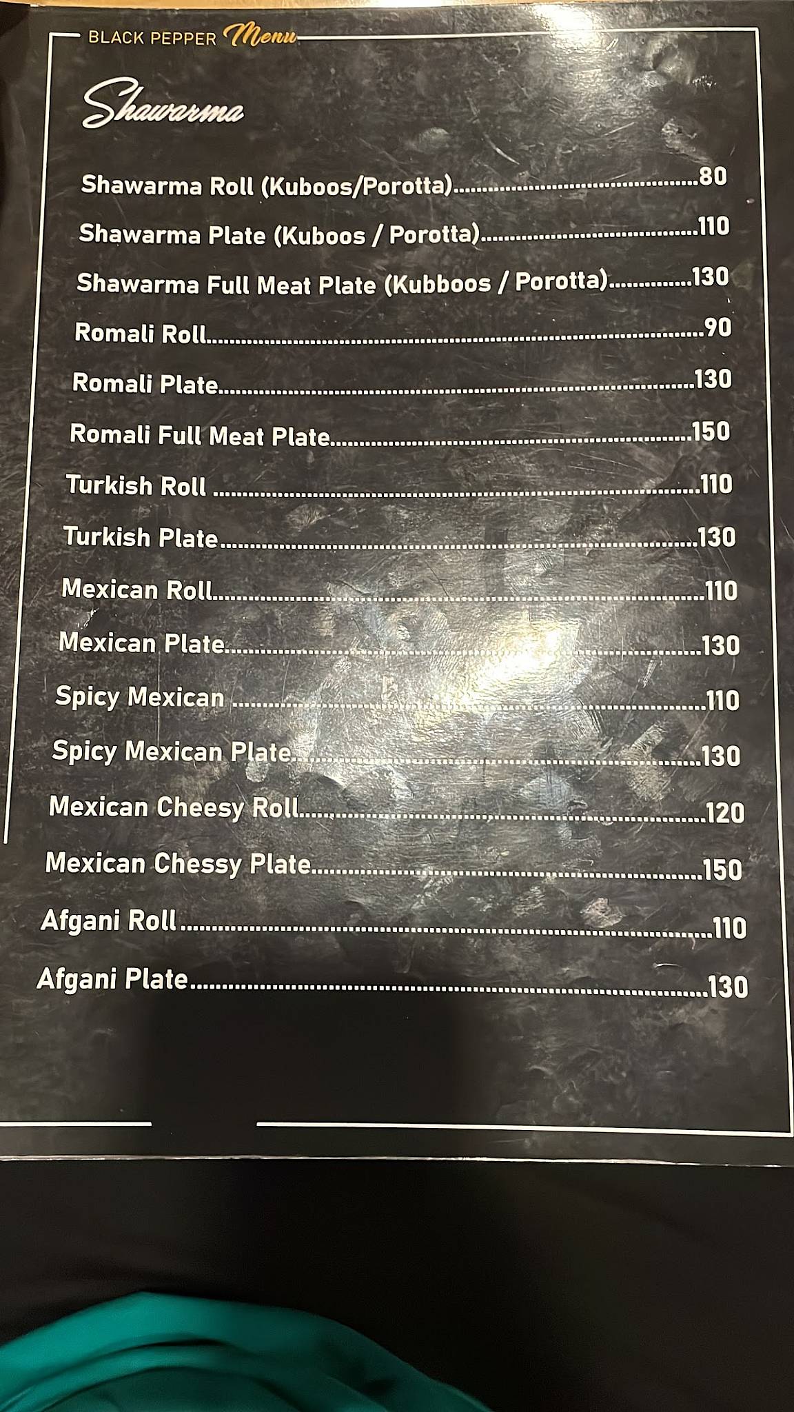 Menu at Black Pepper, Thiruvalla