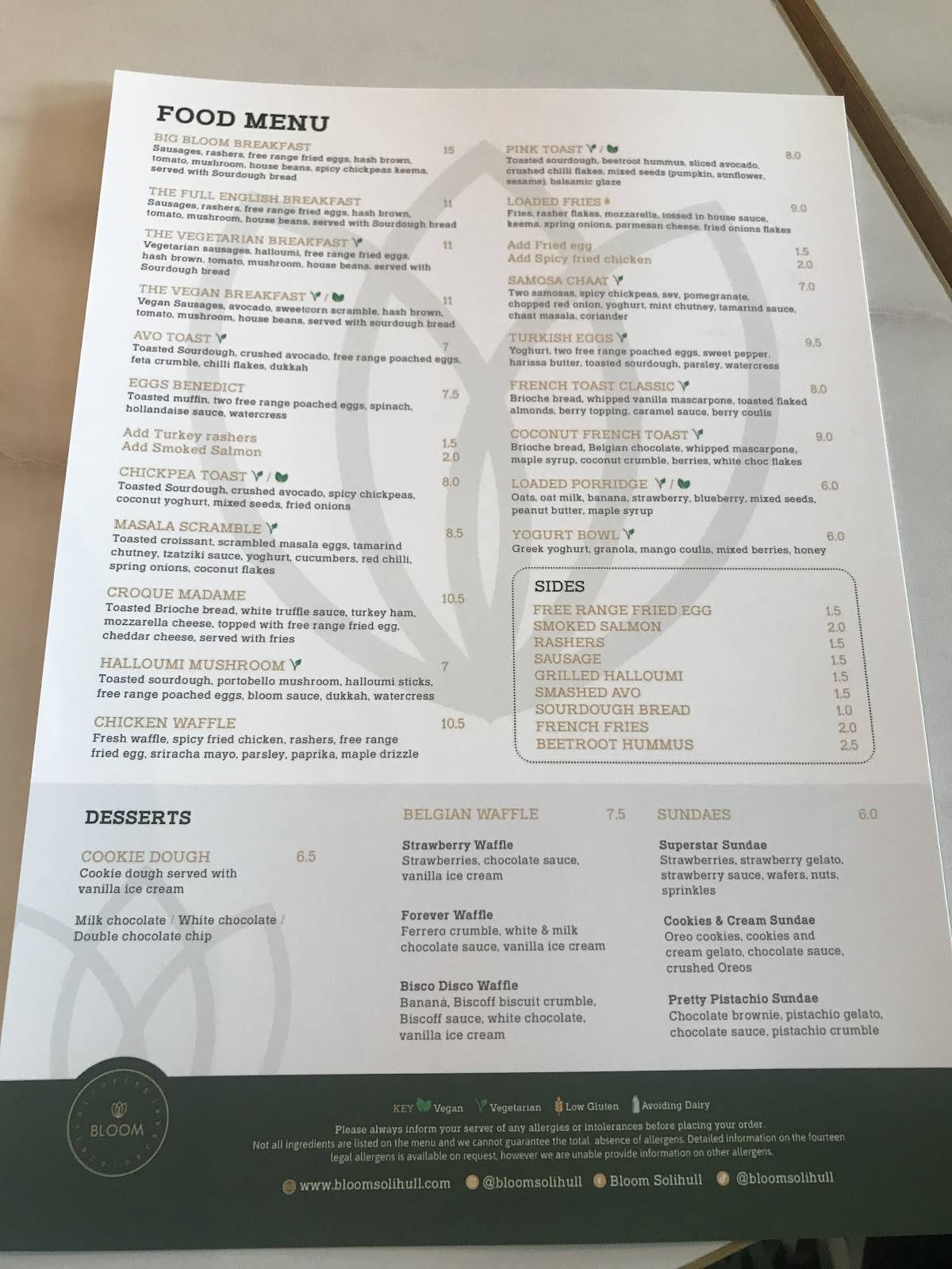 Menu at Bloom Solihull restaurant, Solihull, 73 Hobs Moat Rd