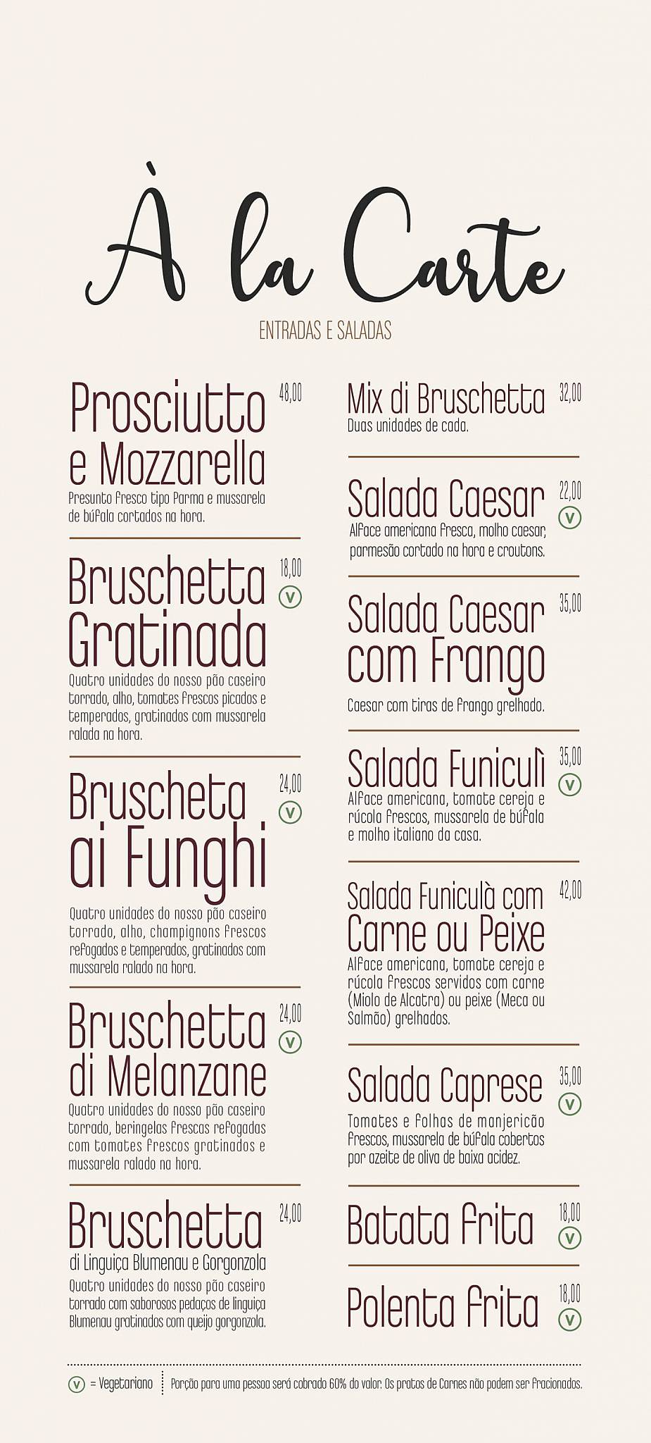 Restaurante Funiculì Funiculà em Blumenau cardápio