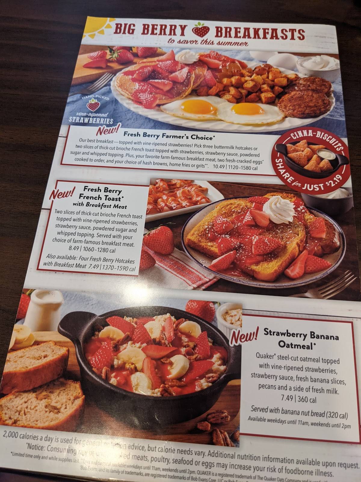 Menu at Bob Evans restaurant, Zanesville, 450 Underwood St