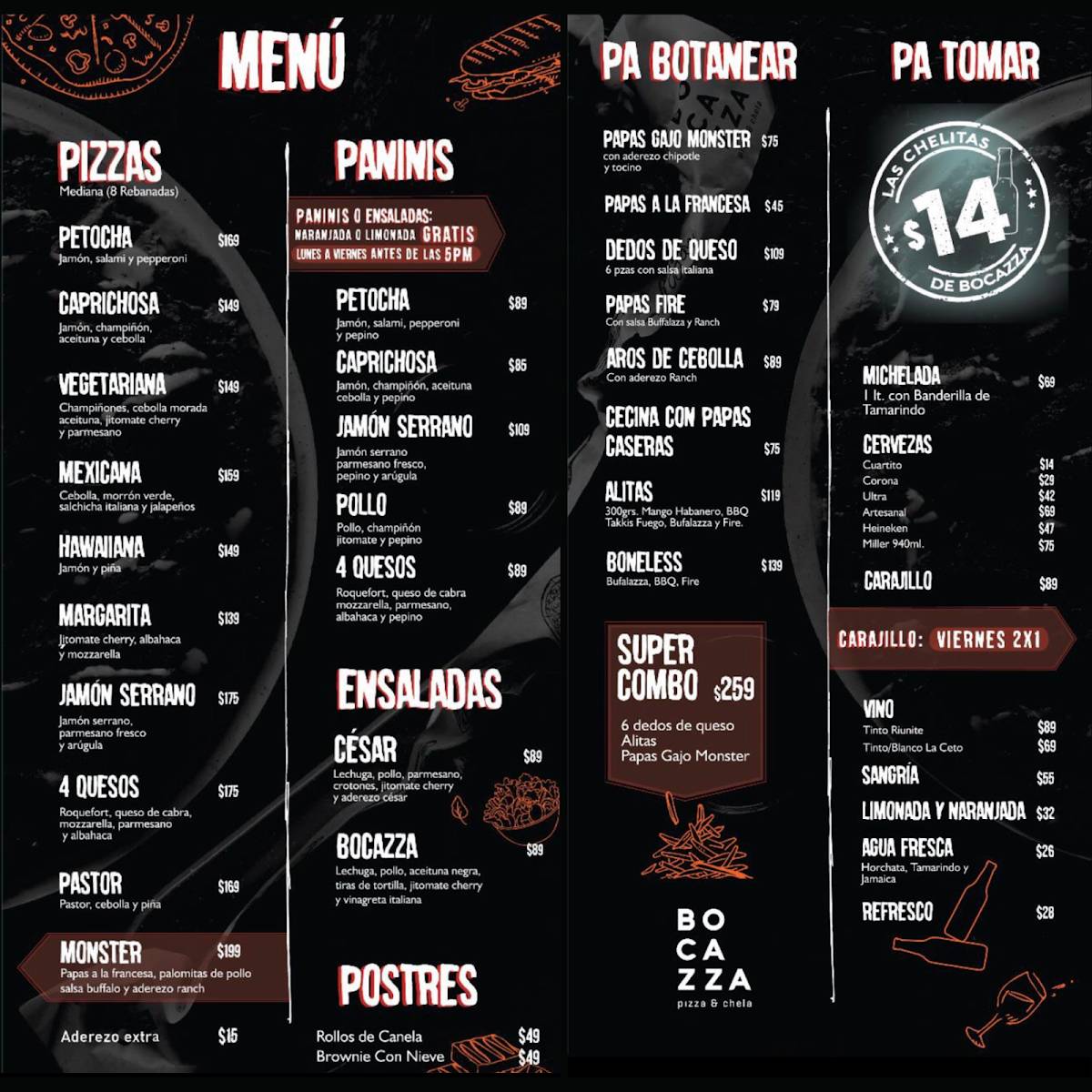 Menu at Bocazza Pizza & Chela pub & bar, Zapopan