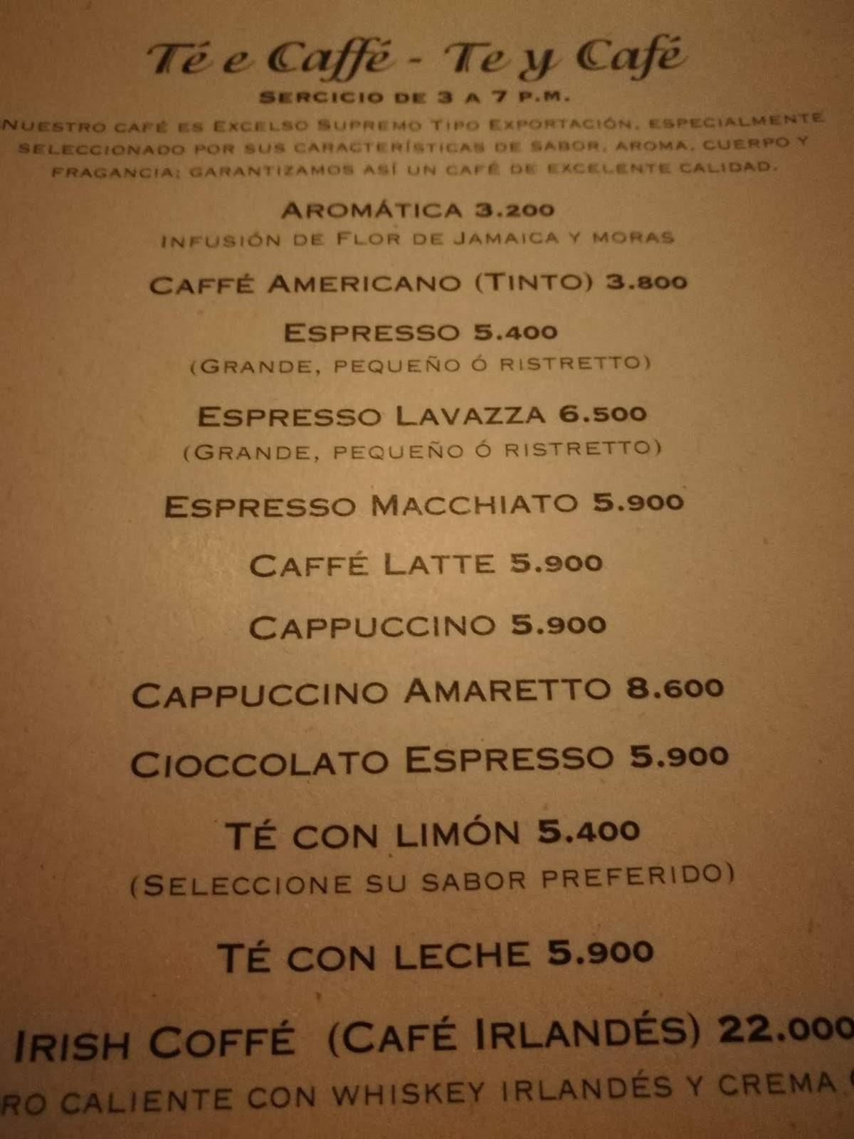 Carta de Piccolo Caffe Restaurante, Bogotá