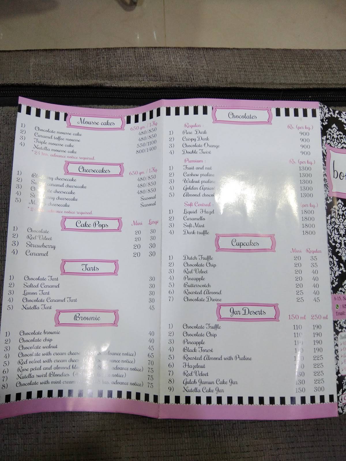 Bonnie's Bakery menu