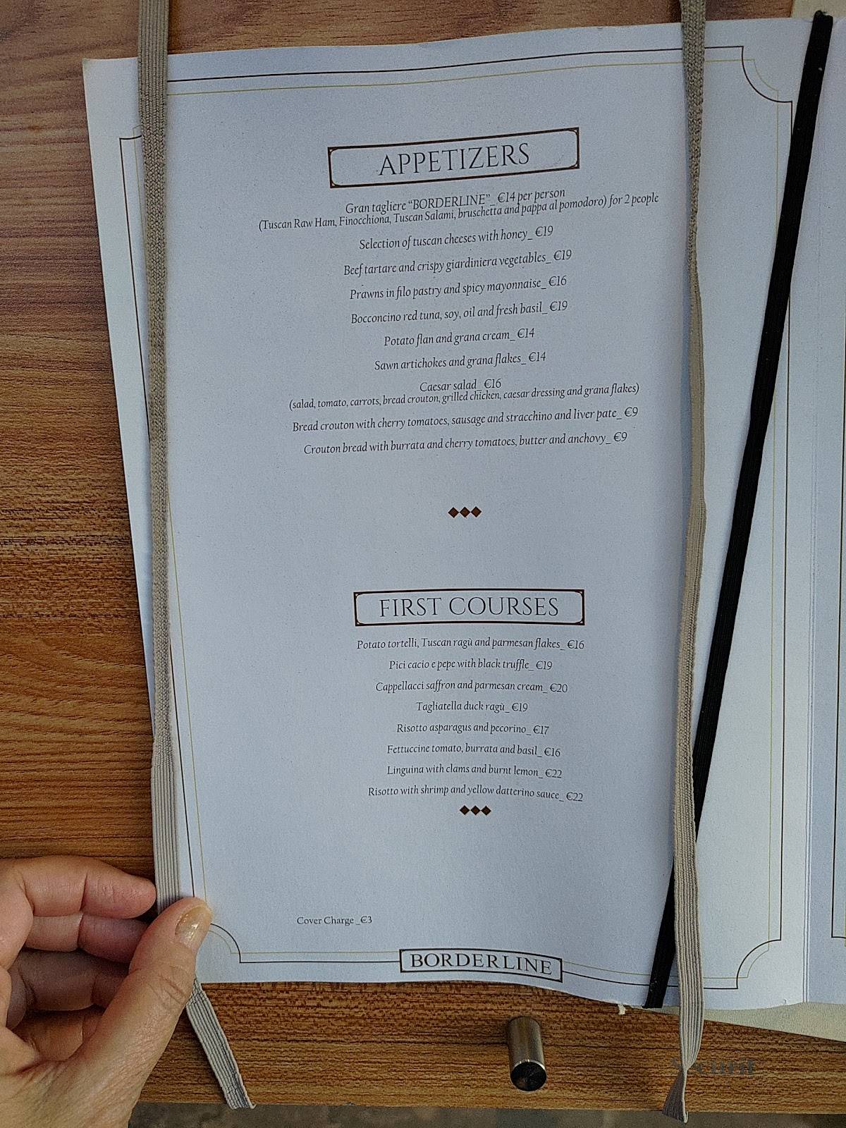 Menu de Borderline Firenze