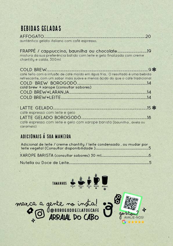Borogodó Galato e Café cardápio