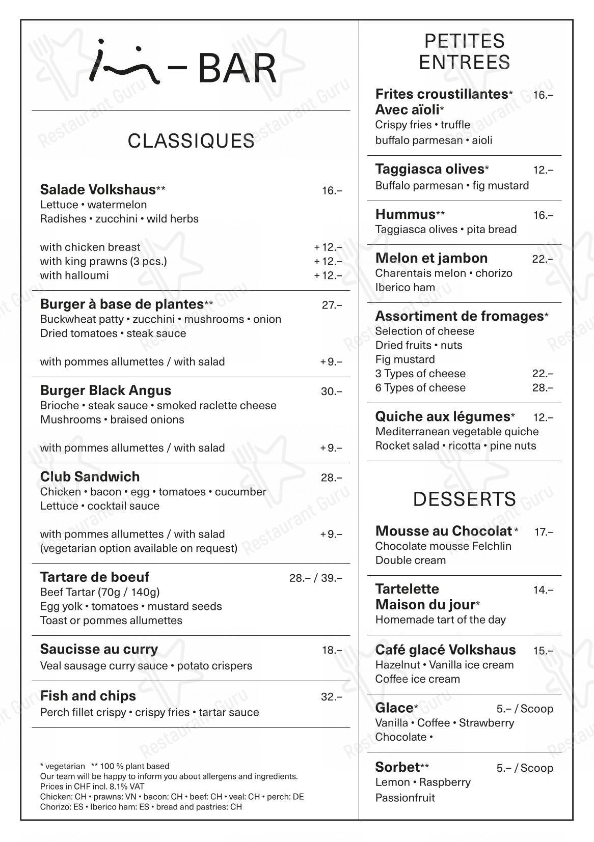 Menu bar per Brasserie, Bar und Event Volkshaus Basel ristorante