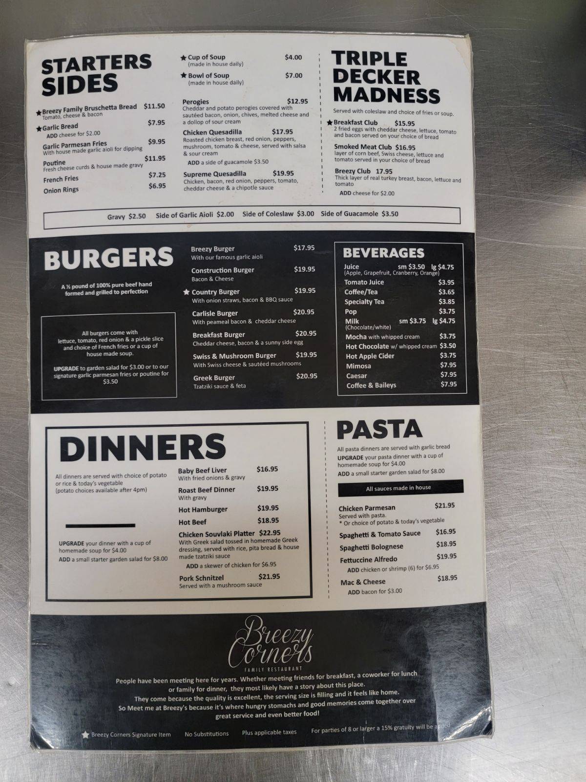 Menu at Breezy Corners Freelton restaurant, Hamilton, Hwy 6