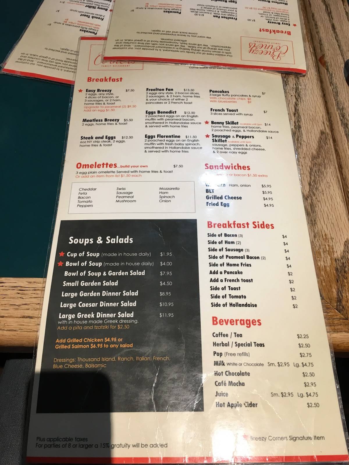 Menu at Breezy Corners Freelton restaurant, Hamilton, Hwy 6