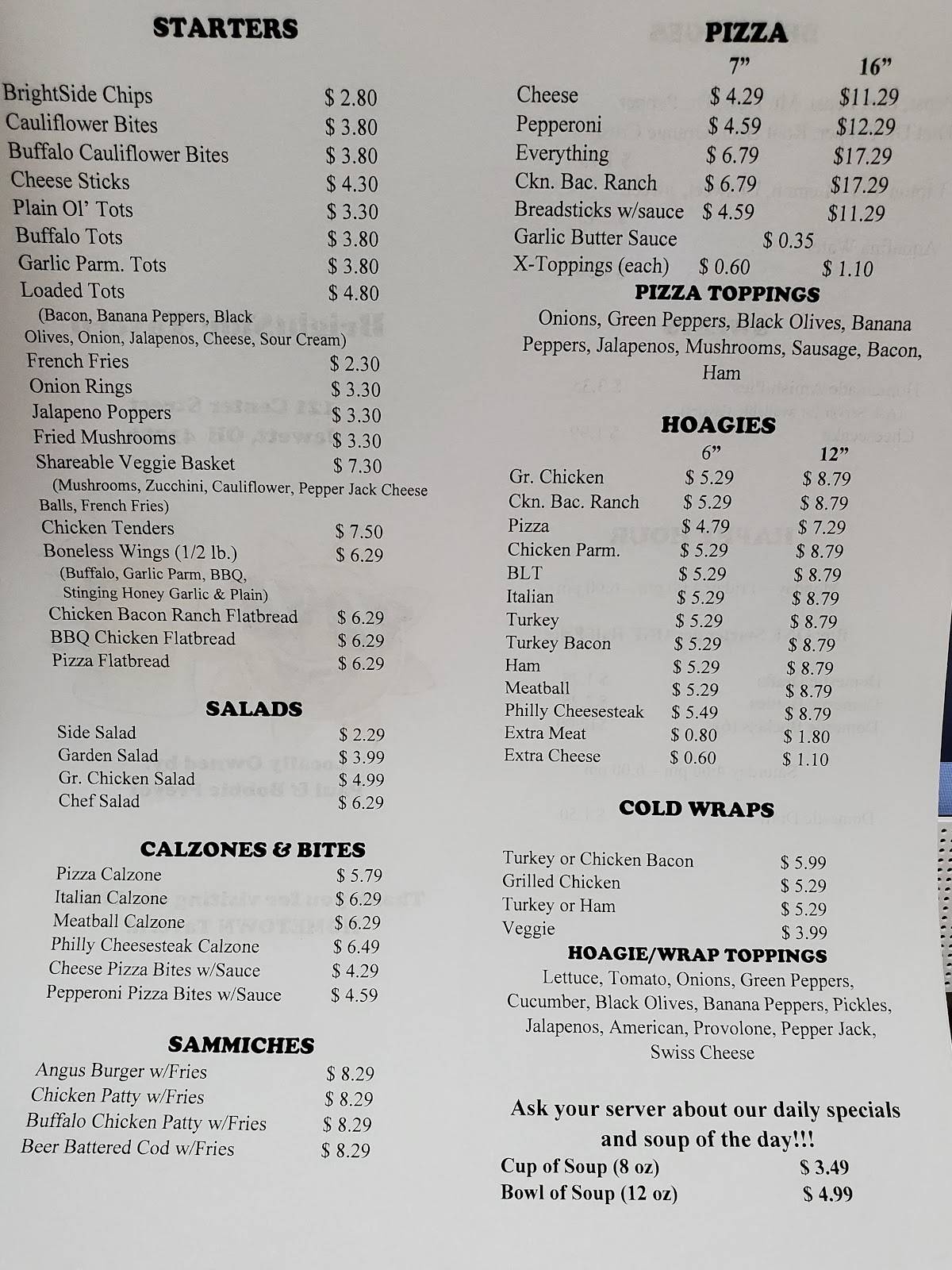 Menu at BrightSide Tavern pub & bar, Jewett