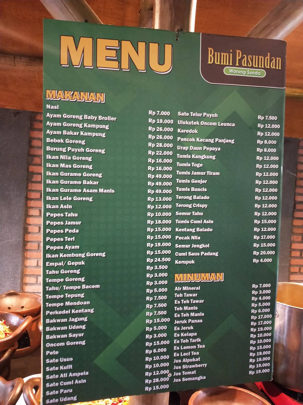 Menu at Bumi Pasundan Warung Sunda Puncak Gadog restaurant, Megamendung