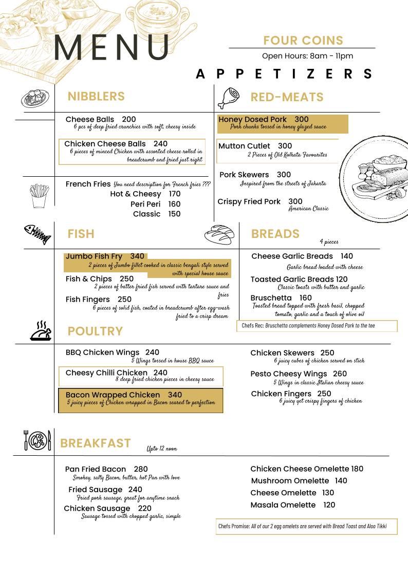 4 Coins Cafe menu